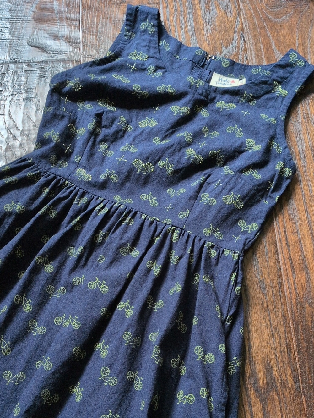 MATA TRADERS I Sleeveless Navy Blue Midi Dress with Green Bicycle Print, XS